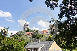 Beautiful scenic view on Evangelisches Pfarramt Gaisburg church and summer cityscape
