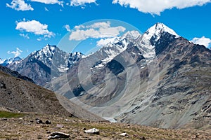 Beautiful scenic view of  Kunzum Pass Kunzum La - Chandra Taal Moon Lake Trekking course in Spiti, India.