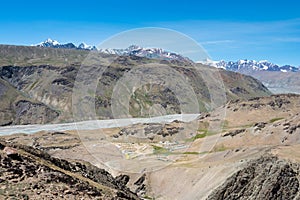 Beautiful scenic view of  Kunzum Pass Kunzum La - Chandra Taal Moon Lake Trekking course in Spiti, India.