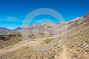 Beautiful scenic view of  Kunzum Pass Kunzum La - Chandra Taal Moon Lake Trekking course in Spiti, India.