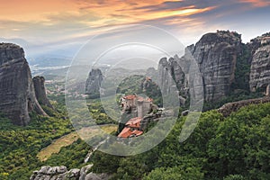 Beautiful scenic view of Meteora valley and the Holy monasteries