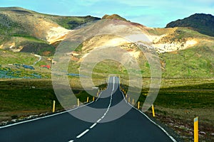 Beautiful scenic view of the road and the mountains near Route 42 and Ring Road in Iceland