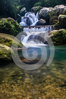 The beautiful scenic waterfall in front of famous double decker root bridge in meghalaya