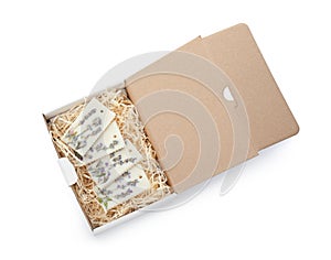 Beautiful scented sachets in box on white background, top view