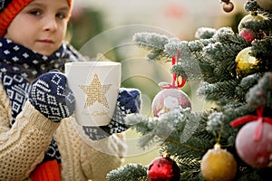 Beautiful school child, boy, holding Christmas mug, drinking tea