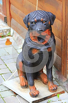 Beautiful sculpture of black-and-red rottweiler. Statue of domestic animal