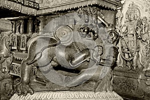 Beautiful sculpture of Hoysala emblem at the entrance of Chennakeshava Temple, Belur, Karnataka, India photo