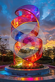 A beautiful sculpture made of twisted glass-like material, lit up from the inside and placed in a fountain at dusk