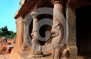 Beautiful sculptured pillars in mahabalipuram-five rathas