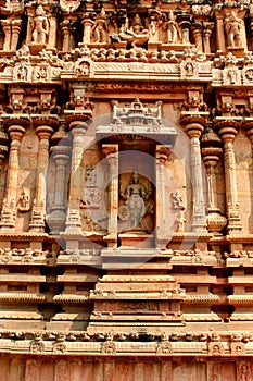 Beautiful sculptures on the tower wall in the ancient Brihadisvara Temple in Thanjavur, india.