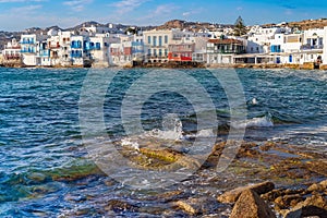 Beautiful sea on the background of Little Venice. Mykonos, Greece.