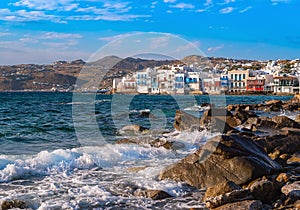 Beautiful sea on the background of Little Venice. Mykonos, Greece.