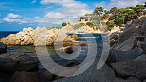 Beautiful sea landscape with rocky beach in Costa Brava, Spain. Spanish scenic coast with stones in seaside