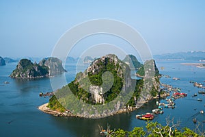 Beautiful sea landscape in sunrise in Ha Long Bay, Vietnam.