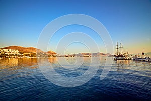 Beautiful sea landscape with tourist ships on the background in Bodrum, Turkey. Vacation Outdoors Seascape Summer Travel Concept