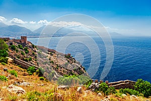 Beautiful sea panorama landscape of Alanya Castle in Antalya district, Turkey, Asia. Famous tourist destination with high