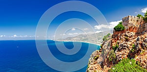 Beautiful sea panorama landscape of Alanya Castle in Antalya district, Turkey, Asia. Famous tourist destination with high