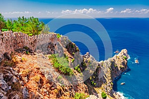 Beautiful sea panorama landscape of Alanya Castle in Antalya district, Turkey, Asia. Famous tourist destination with high