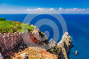 Beautiful sea panorama landscape of Alanya Castle in Antalya district, Turkey, Asia. Famous tourist destination with high