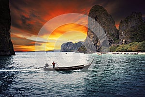 Beautiful sea scape wood boat of Railay bay krabi southern of th