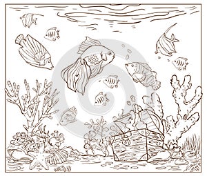 Beautiful sea scene with fish, seaweed, and treasure chest. Underwater world. Page of coloring book.