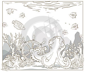 Beautiful sea scene with octopus, seaweed, and wheel. Underwater world with sunken ship . Page of coloring book