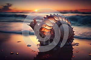 Beautiful sea shell on the beach at sunset. Nature composition.