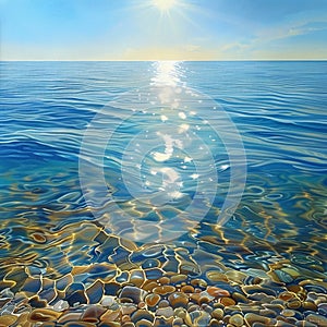 A beautiful sea surface with the sun shining on it, shimmering in blue and golden colors