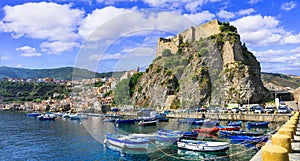 Beautiful sea and towns of Calabria - medieval Scilla with old castle. south of Italy