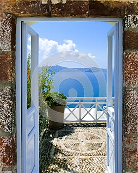 Beautiful sea view from the balcony. Santorini island, Greece.