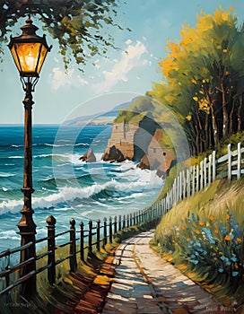A beautiful sea view behind the hills road, with street lamp, iron fence, trees, wildplants, flower, empty road, painting art photo