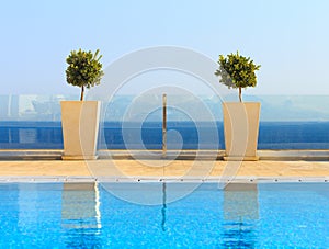 Beautiful sea view from clean swimming pool with plant decoratio