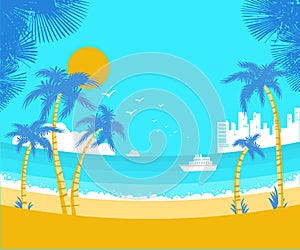 Beautiful sea waves landscape with tropical palms and summer beach on blue sky hot sunshine..Exotic horizon vector background. Vec