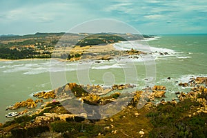 Beautiful sea with waves and mountains.Aerial view.Mui Ne, Phan Thiet, Vietnam.