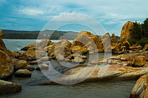 Beautiful sea with waves and mountains,huge stone.Aerial view.Mui Ne, Phan Thiet, Vietnam.