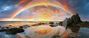 beautiful seacape with rainbow at sunset, AI generated