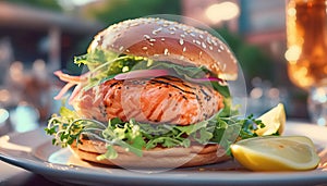 Beautiful seafood salmon steak burger