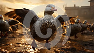 A beautiful seagull flying over the sunset on the coastline generated by AI