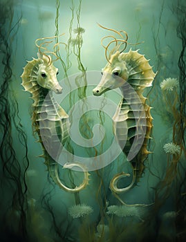 beautiful Seahorses holding onto swaying seagrass Background Digital Paper clipart