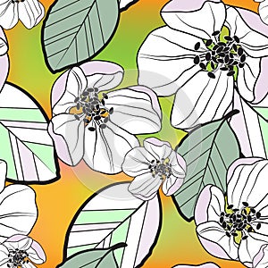 Beautiful seamless abstract pattern of white-lilac apple flowers and colored leaves, on orange-green gradient background, vector