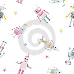 Beautiful seamless baby girl pattern with cute hand drawn watercolor robots. Stock illustration.