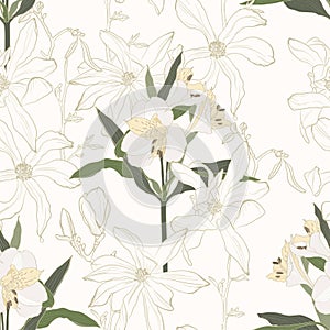 Beautiful seamless background with line pastel alstroemeria lilies flower. Design greeting card and invitation.