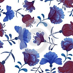 Beautiful seamless blue floral background drawn with colored pencils.