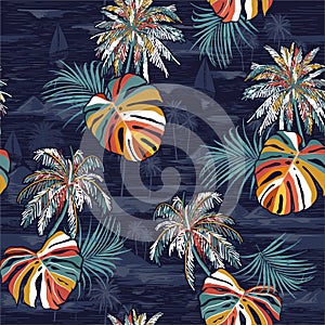 Beautiful seamless colorful palm leaves island pattern on monotone Landscape with palm trees,beach and ocean  vector hand drawn