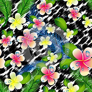 Beautiful seamless floral jungle pattern background. Tropical flowers and palm leaves on leopard print