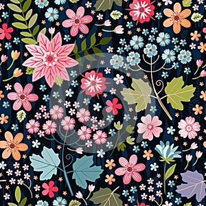 Beautiful seamless floral ornament on a complex dark background. Tiny and larger flowers and leaves form a joyful pattern