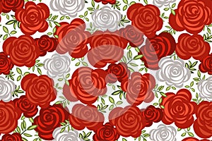 Beautiful seamless floral pattern in abstract rose flowers. Rich red and white roses, leaves on a white background.