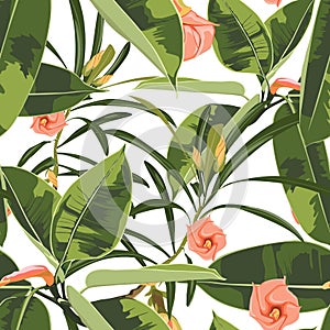 Beautiful seamless floral pattern background with exotic bright ficus elastica and exotic flowers.