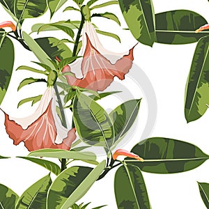 Beautiful seamless floral pattern background with exotic bright ficus elastica and exotic orange lilies flowers.