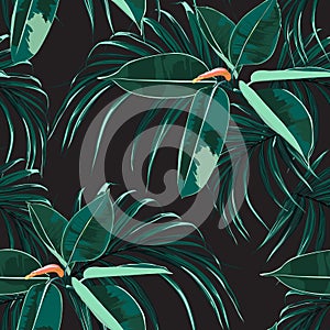 Beautiful seamless floral pattern background with tropical bright ficus elastica and palm leaves.